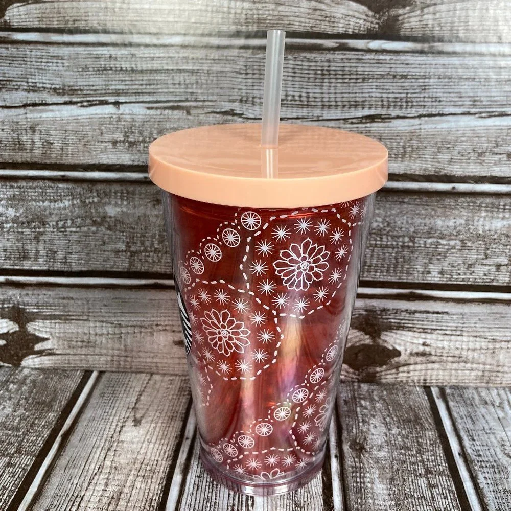 STARBUCKS 16 Oz. Peach Siren Tumbler Straw Cold Cup Reusable Floral Design